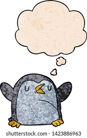 cartoon penguin with thought bubble in grunge texture style