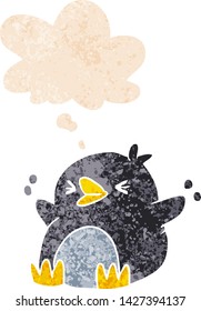 cartoon penguin with thought bubble in grunge distressed retro textured style