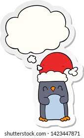pingüino de dibujos animados con burbuja de pensamiento como pegatina impresa