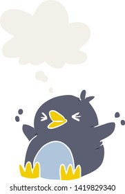 pingüino de dibujos animados con burbuja de pensamiento en estilo retro