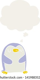 cartoon penguin with thought bubble in retro style