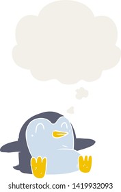 cartoon penguin with thought bubble in retro style