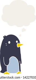 pingüino de dibujos animados con burbuja de pensamiento en estilo retro