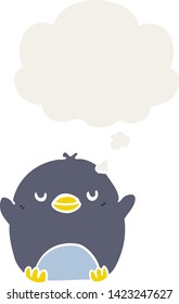 cartoon penguin with thought bubble in retro style