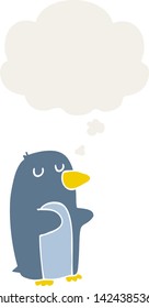 cartoon penguin with thought bubble in retro style