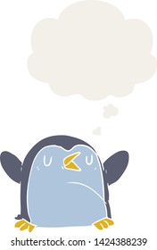 cartoon penguin with thought bubble in retro style