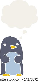 pingüino de dibujos animados con burbuja de pensamiento en estilo retro