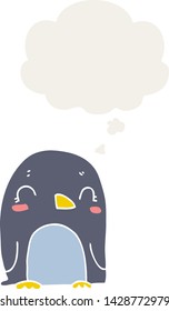 pingüino de dibujos animados con burbuja de pensamiento en estilo retro