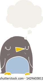 cartoon penguin with thought bubble in retro style