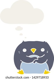pingüino de dibujos animados con burbuja de pensamiento en estilo retro