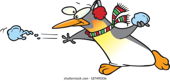 cartoon penguin throwing snowballs