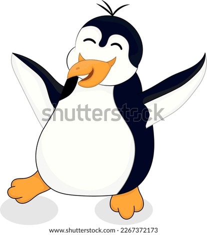 cartoon penguin very hapy jump with hand up