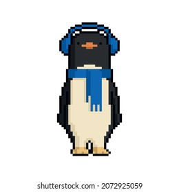 Cartoon penguin in warm headphones and scarf. New Year and Christmas pixel art on white background. Vector illustration.