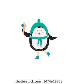 Cartoon penguin in warm winter clothes holding an ice cream and walking, cute Arctic animal wearing green hat and scarf and holding a dessert - isolated flat hand drawn vector illustration