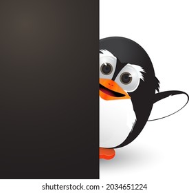 cartoon penguin waving from behind a black banner