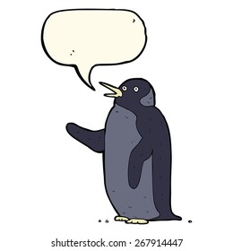 cartoon penguin waving with speech bubble
