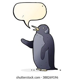 cartoon penguin waving with speech bubble