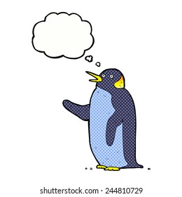 cartoon penguin waving with thought bubble