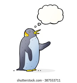 cartoon penguin waving with thought bubble