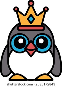 A cartoon penguin wearing a crown. The penguin is wearing glasses and has a happy expression