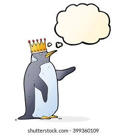 cartoon penguin wearing crown with thought bubble