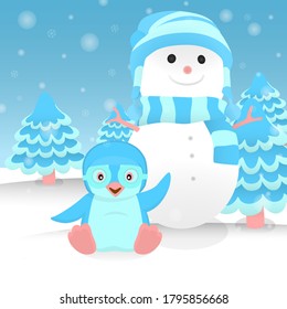 cartoon penguin wearing helmet when it snows. blue and cute