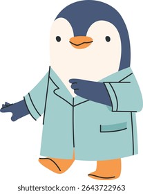 A cartoon penguin wearing a lab coat with a playful expression. The character is depicted in a charming style, walking confidently. Cartoon vector illustration.