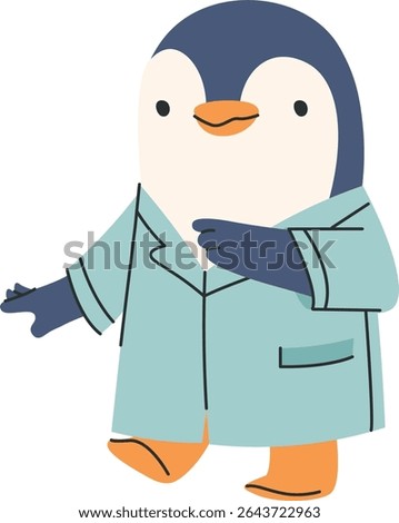 A cartoon penguin wearing a lab coat with a playful expression. The character is depicted in a charming style, walking confidently. Cartoon vector illustration.