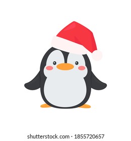 Cartoon penguin wearing a red christmas hat is happy in winter