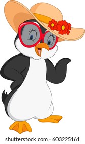 Cartoon penguin wearing summer straw 