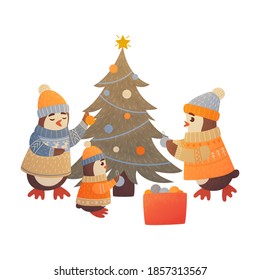 Cartoon penguins decorated christmas tree. Merry Christmas and New year 2021. This card perfect for Christmas, children's illustrations and books. Christmas tree background. Vector illustration