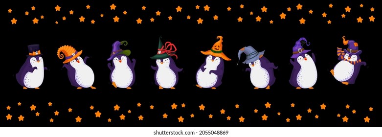 Cartoon penguins in different hats, various poses. All elements are isolated.
