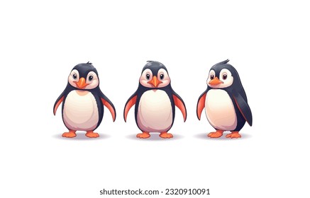 Cartoon penguins in different poses with emotions on an isolated background. Vector illustration