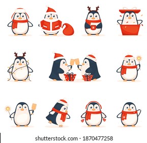 Cartoon penguins dressed as Santa Claus. Penguins have fun and celebrate the New Year in snake knitted clothes. Christmas penguins. Vector illustration