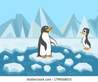 Cartoon penguins on ice floes. Baby penguin and its mother.