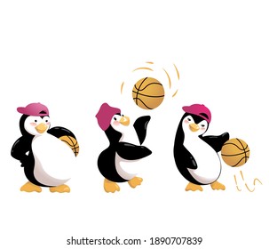 Cartoon penguins playing basketball outside. Vector Illustration.isolated on white background.