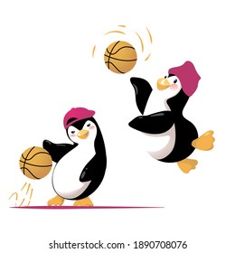 Pingüinos de dibujos animados jugando baloncesto afuera. Ilustración vectorial.aislada en fondo blanco.