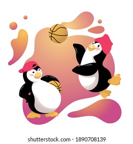Cartoon penguins playing basketball outside. Vector Illustration on bright abstract background.