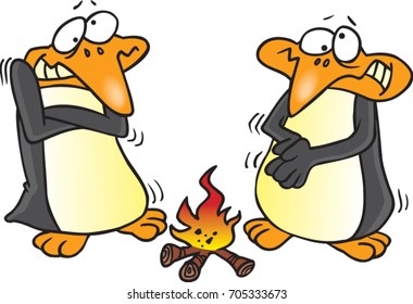 cartoon penguins shivering while trying to warm up next to a fire