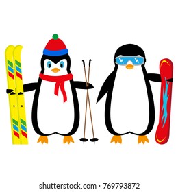 cartoon penguins snowboarder and skier