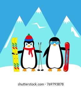 cartoon penguins snowboarder and skier
