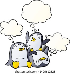 cartoon penguins with thought bubble in smooth gradient style