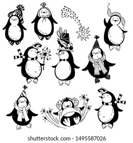 Cartoon penguins. Vector  illustration on a white background. Isolated elements, is perfect for invitations, greeting cards for Christmas and New Year.