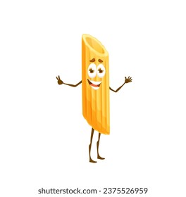 Cartoon penne rigate pasta character. Jolly vector macaroni with beaming smile. Tasty Italian gastronomy kawaii emoticon. Endearing and appealing dinner emoji, amusing noodle dish Italy cuisine menu