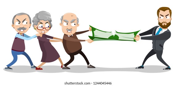 Cartoon Pensioners And Young Man Fight Over Money Vector Illustration. Furious Elderly People Taking Away Their Savings. Retirement And Planning Future Concept