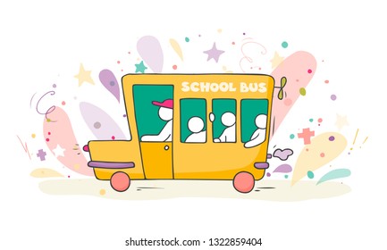Cartoon peopl in the school bus. Cute vector illustration - kids riding on transpot.