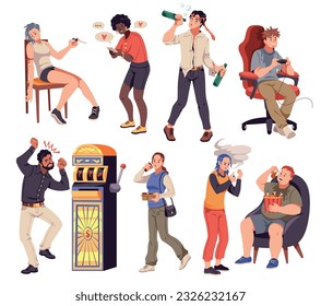 Cartoon people with addicted. Characters with bad habits, alcoholics, smokers, drug and gambling addicts, eating disorders and coffee drinking, health harmful behavior, tidy vector set