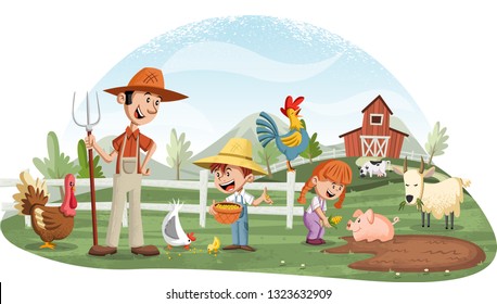 Cartoon people and animals on the farm. Farm background.