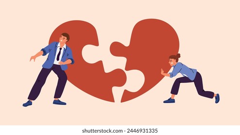 Cartoon people assemble puzzle. Couple push halves of heart towards each other. Struggle for love. Joint efforts. Romantic relationship. Jigsaw pieces connecting. Garish