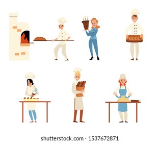 Cartoon people in bakery - flat isolated set. Chef men and women baking bread, holding birthday cake and croissant, kneading doughh, etc. Vector illustration.